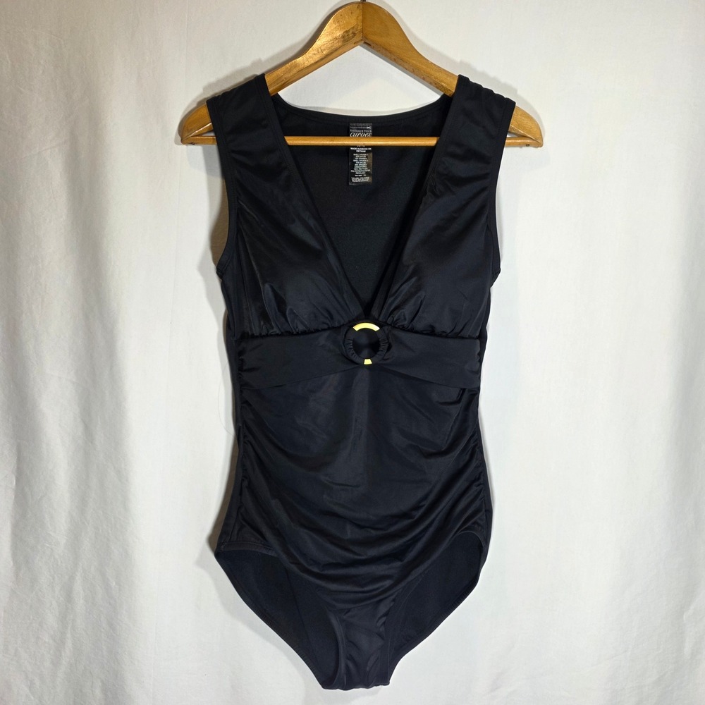 Embrace Your Curves Miracle Brands Black One Piece Swimsuit Ruched L 12-14